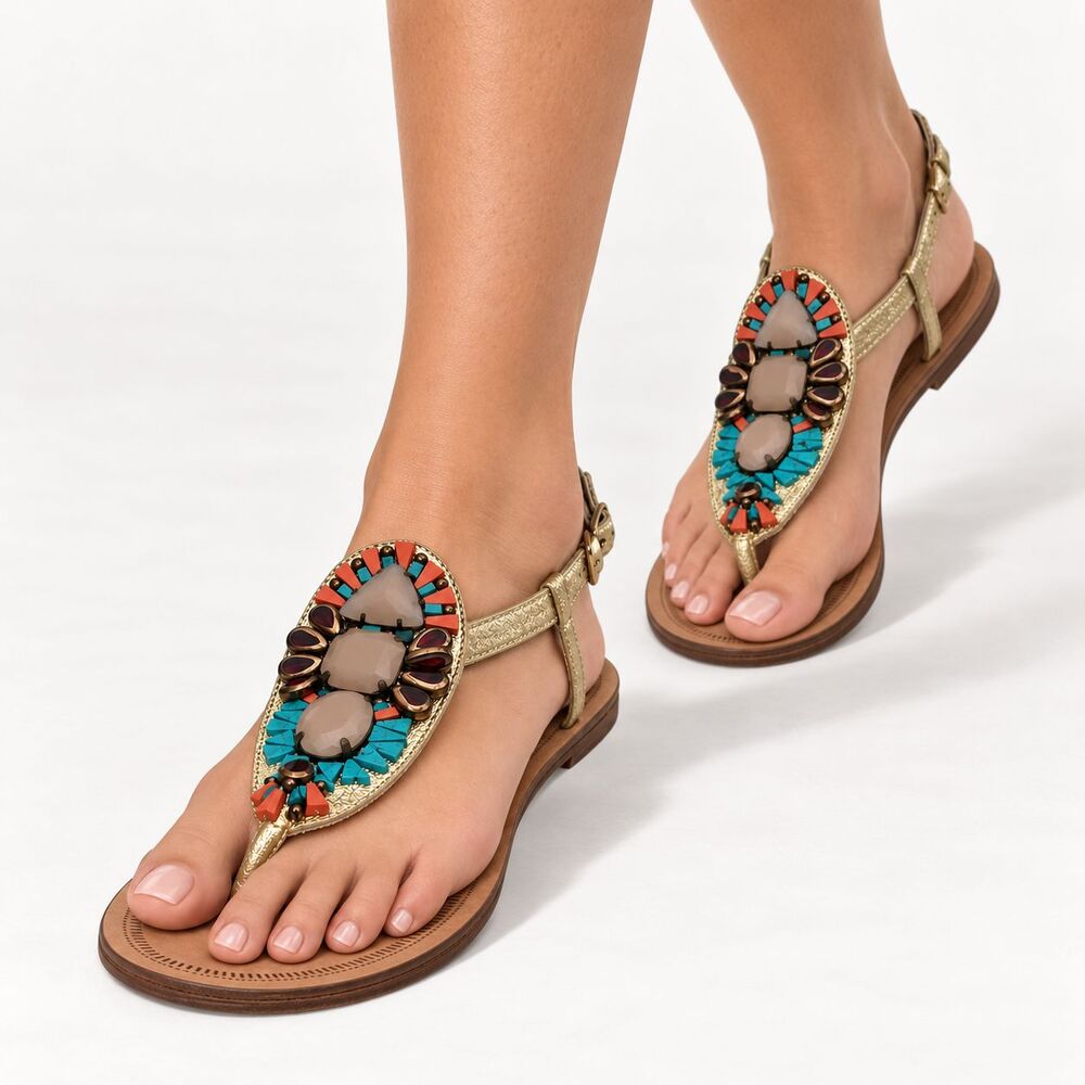 Guy Laroche Womens 38 US 7.5 Gold Leather Jeweled Thong Sandals Turquoise Boho